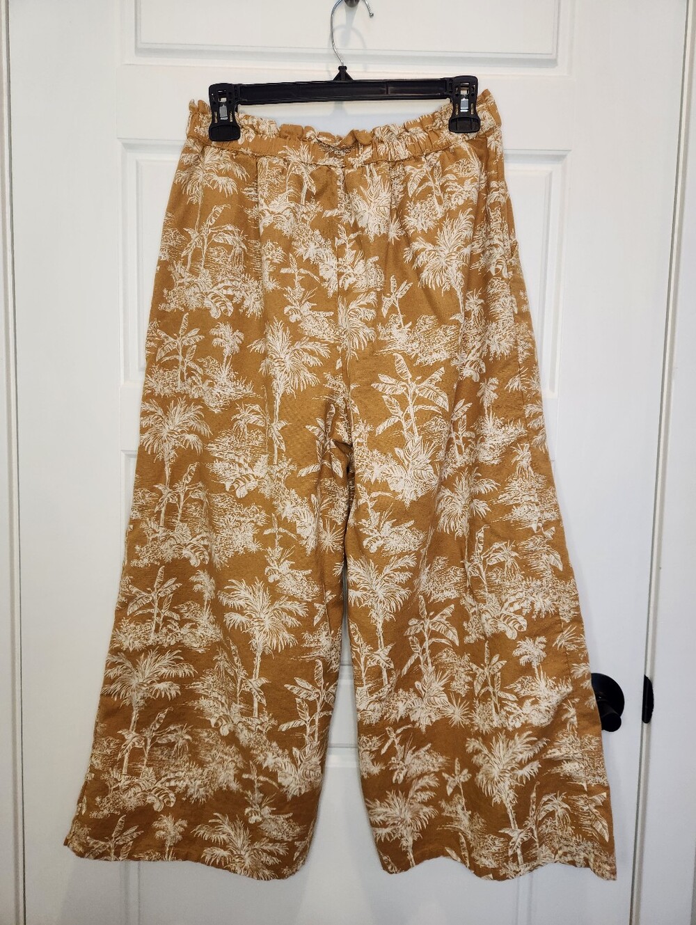 AE Cotton Linen Women's Wide Leg Cropped Pant Mustard Yellow Palm Tree, Sz L - Picture 5 of 5
